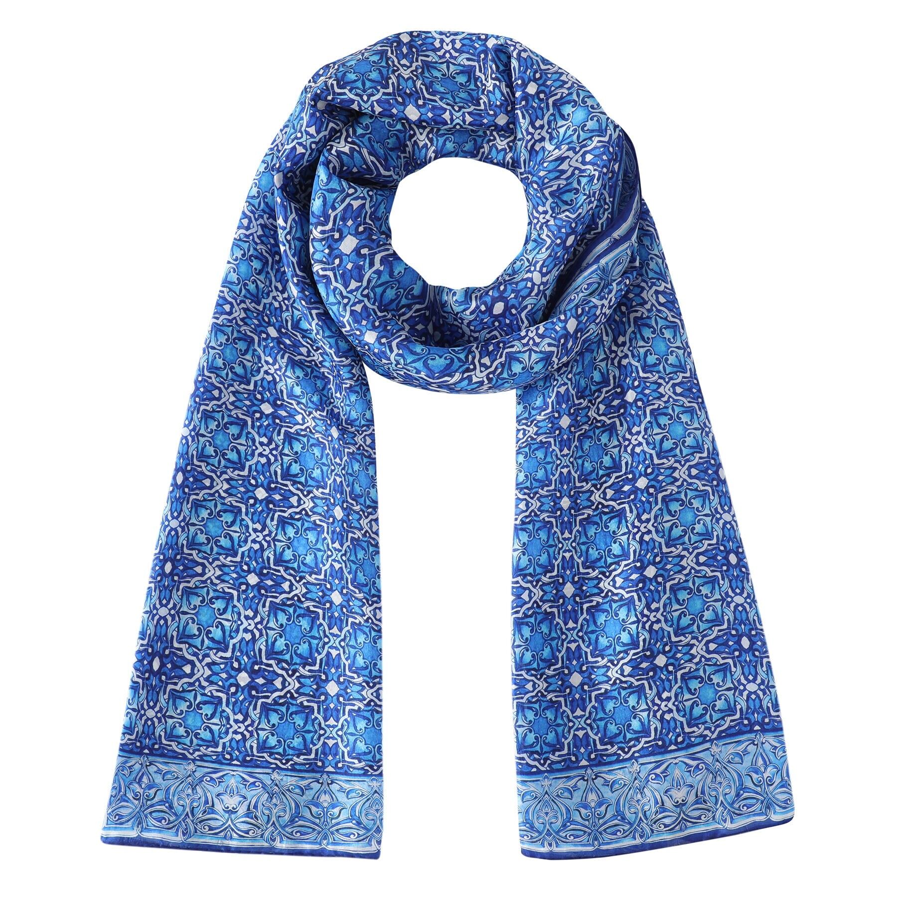 Sciarpa di seta blu - Stampa geometrica Arte islamica - Cucita a mano - (180x65cm)