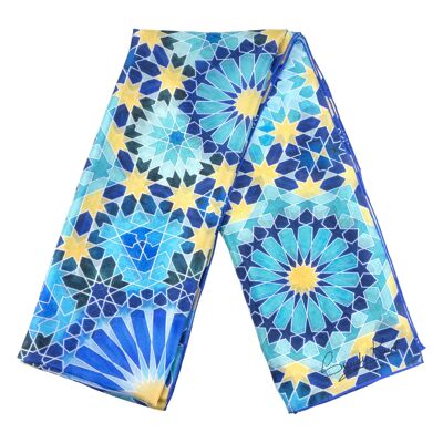 Secret Flower blue and gold silk scarf