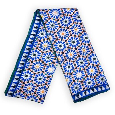 Foulard en soie bleue à imprimé Zellige géométrique