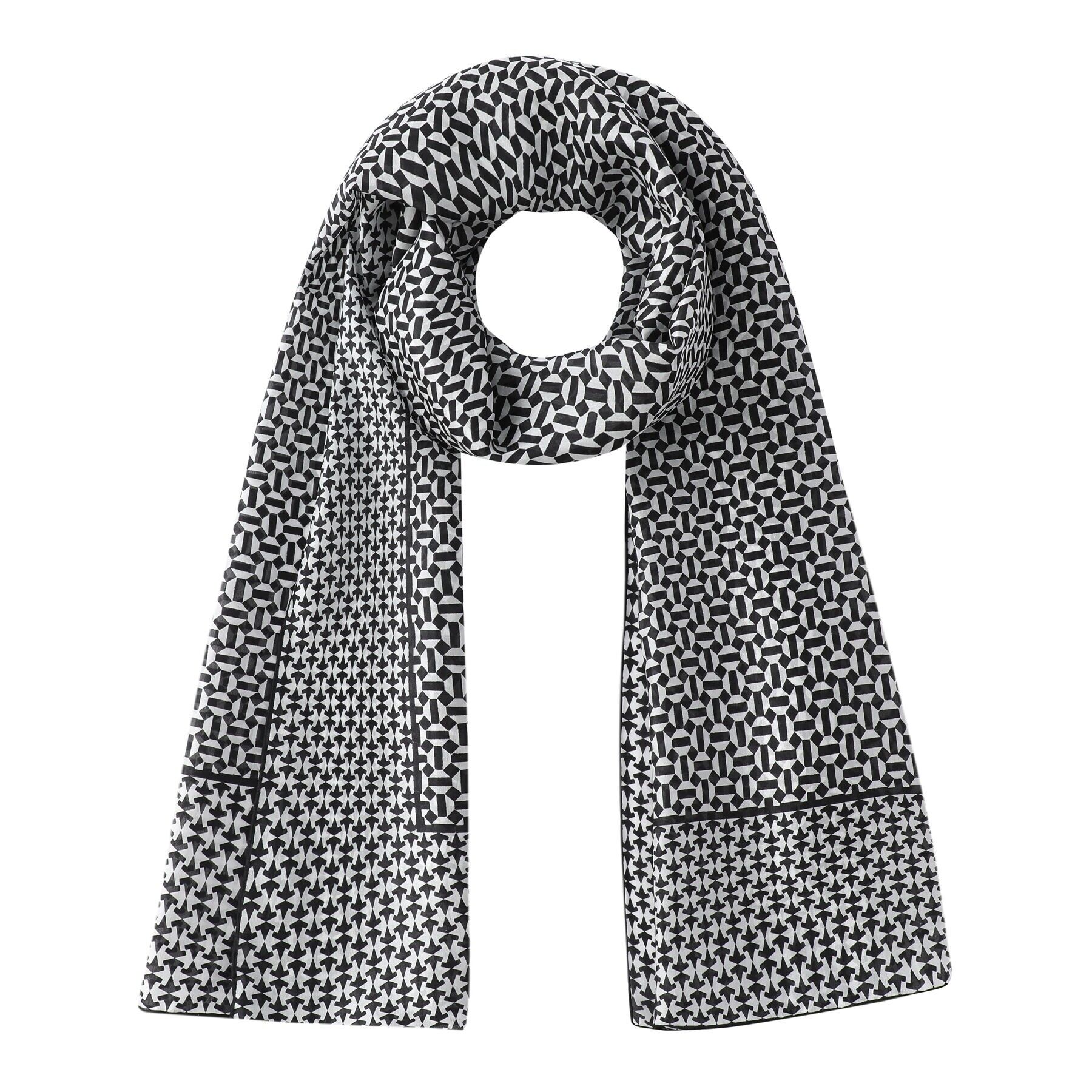 Aswad Black and White Geometric Print Silk Neck Scarf - (180x65cm)