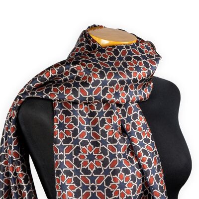 Foulard en soie à imprimé géométrique bordeaux et bleu marine Mirath