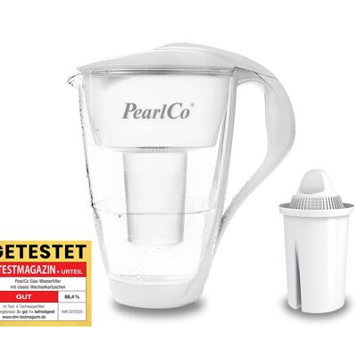 Filtro per l'acqua in vetro PearlCo classico con 1 cartuccia filtrante (bianco)