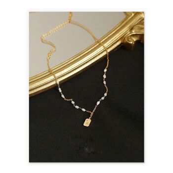 Gold Square Medal Necklace with Minimalist Baroque Freshwater Pearl 2