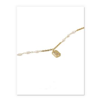 Gold Square Medal Necklace with Minimalist Baroque Freshwater Pearl 3