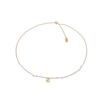 Gold Square Medal Necklace with Minimalist Baroque Freshwater Pearl 4