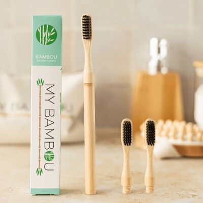 Bamboo Toothbrush with Changeable Head Medium Bristle - 1 Black Toothbrush + 2 Heads