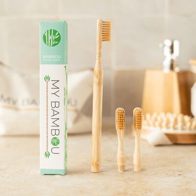 Bambus-Zahnbürste mit austauschbarem Kopf, mittlere Borsten – 1 beige Zahnbürste + 2 Köpfe