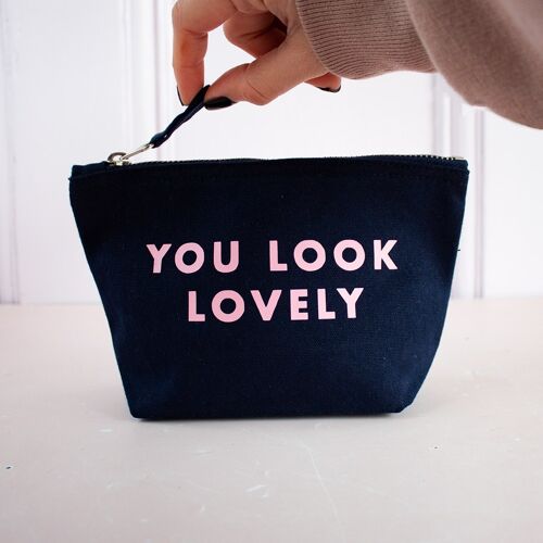 'You Look Lovely' pink and navy Pouch