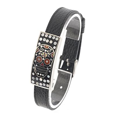 Leather and enamelled steel bracelet set with mother-of-pearl