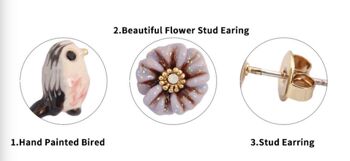 Boucles d’oreilles asymétriques en émail pour oiseaux et fleurs - Fabriquées à la main et uniques 4