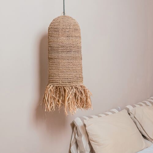 Boho Raffia Lampenschirm Längliche Deckenleuchte Pendelleuchte mit Fransen KAWAH aus Raffia und Rattan