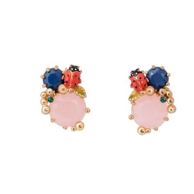 Enamel ladybug blue diamond powder spar gemstone earrings with 925 silver needles