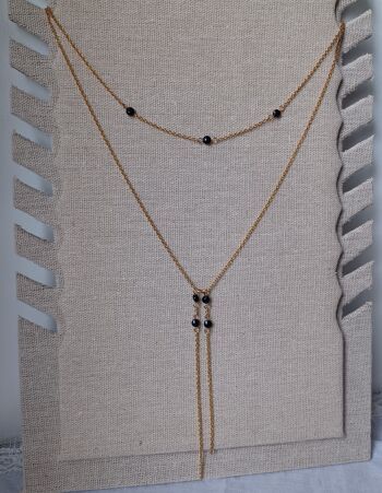 Collier femme en acier doré inoxydable- collier double avec perles noires. 5