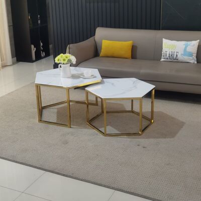 TABLE BASSE HEXAGONE MARBRE BLANC PIED DORE