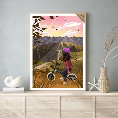 Vintage exploration poster and wooden board for interior decoration / Balance bike ride
