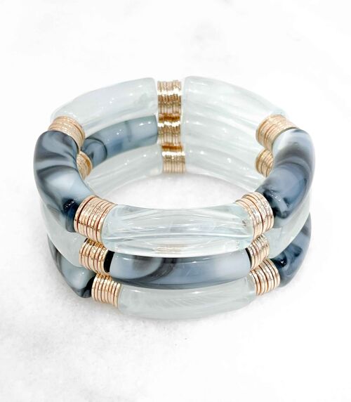 Bracelet élastique tendance avec tubes acryliques et perles plates en laiton doré à l'or fin 14K