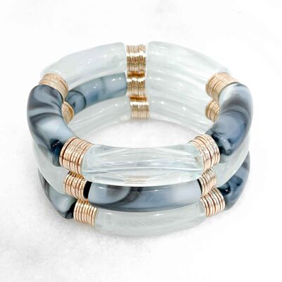 Trendy elastic bracelet with acrylic tubes and flat beads in brass gilded with fine 14K gold