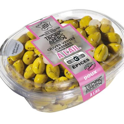Green broken olives from Morocco with garlic