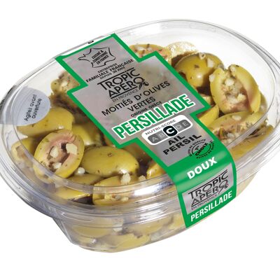 Moitiés d'Olives vertes de Grèce à la Persillade