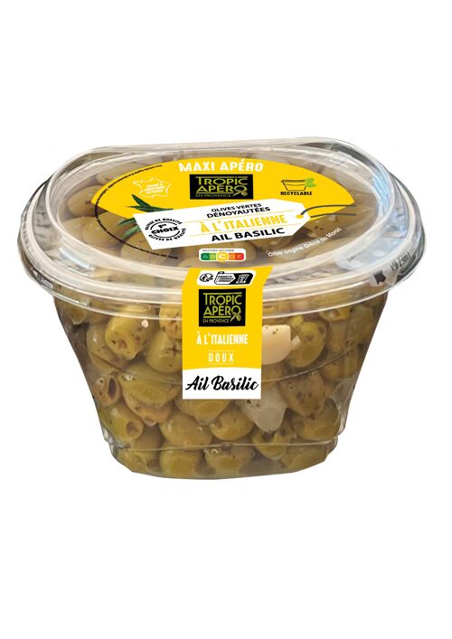 Olives vertes dénoyautées à l'Italienne (Ail Basilic) - NOUVEAU