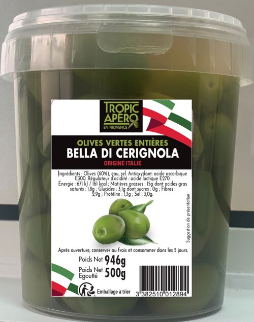 Olives vertes en saumure d'Italie Bella Di Cerignola