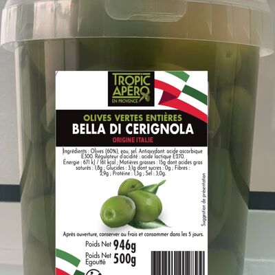 Grüne Oliven in Salzlake aus Italien Bella Di Cerignola