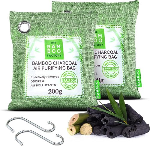 The Bamboo Factory Charcoal Air Purifying Bags (2 x 200g) Activated Bamboo Charcoal Bags - Use as Odour Neutraliser, Shoe Smell Remover, Bin Odour Eliminator, Fridge Smell Remover (with 2 Metal Hooks)