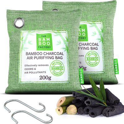 The Bamboo Factory Charcoal Air Purifying Bags (2 x 200g) Sacs de charbon de bambou activé - À utiliser comme neutralisant d'odeurs, désodorisant de chaussures, éliminateur d'odeurs de poubelle, désodorisant de réfrigérateur (avec 2 crochets en métal)