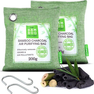 The Bamboo Factory Charcoal Air Purifying Bags (2 x 200g) Sacs de charbon de bambou activé - À utiliser comme neutralisant d'odeurs, désodorisant de chaussures, éliminateur d'odeurs de poubelle, désodorisant de réfrigérateur (avec 2 crochets en métal)