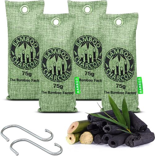 The Bamboo Factory Charcoal Air Purifying Bags (4 x 75g) Activated Bamboo Charcoal Bags - Use as Odour Neutraliser, Shoe Smell Remover, Bin Odour Eliminator, Fridge Smell Remover (with 2 Metal Hooks)