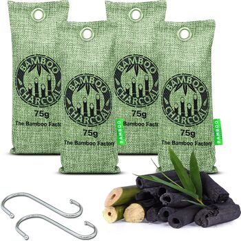 The Bamboo Factory Charcoal Air Purifying Bags (4 x 75g) Sacs de charbon de bambou activé - À utiliser comme neutralisant d'odeurs, désodorisant de chaussures, éliminateur d'odeurs de poubelle, désodorisant de réfrigérateur (avec 2 crochets en métal)