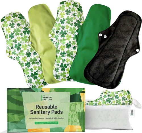 The Bamboo Factory Reusable Sanitary Pads - 5-Pc Washable Pads for Women Sanitary - Menstrual Pads for Light Flow - Odour-Neutralising Bamboo Charcoal Reusable Period Pads with Storage Pouch