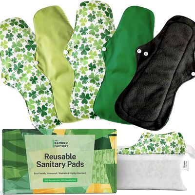 The Bamboo Factory Reusable Sanitary Pads - 5-Pc Washable Pads for Women Sanitary - Menstrual Pads for Light Flow - Odour-Neutralising Bamboo Charcoal Reusable Period Pads with Storage Pouch