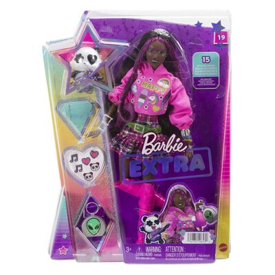 Barbie-Poupée Barbie® Extra - Aux cheveux bruns striés de rose et son panda" - HKP93