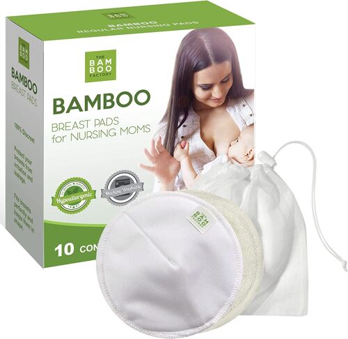 Organic Bamboo Nursing Breast Pads, 10 Nipple Pads for Maternity, Reusable Breast Pads, Washable Breastfeeding Covers with Drawstring Bag, Soft & Absorbent, Contour Shape (White, 5 Inch)