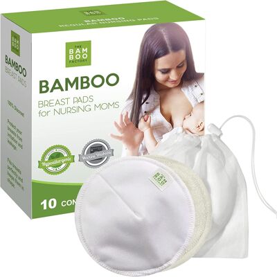 Organic Bamboo Nursing Breast Pads, 10 Nipple Pads for Maternity, Reusable Breast Pads, Washable Breastfeeding Covers with Drawstring Bag, Soft & Absorbent, Contour Shape (White, 5 Inch)