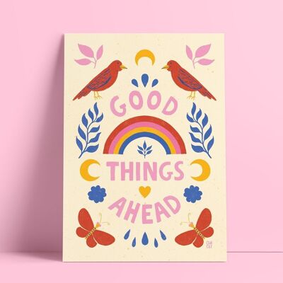 Colorido cartel ilustrado "Cosas buenas por delante" | cita positiva, letras, alegría, optimismo
