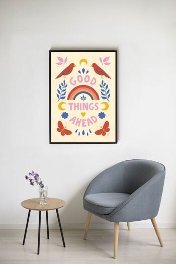 Affiche illustrée colorée "Good things ahead"  | citation positive, lettering, joie, optimisme 3