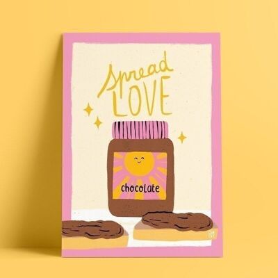 Spread love | affiche illustrée, gourmande, rose et jaune, pot de pâte à tartiner