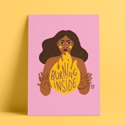 Affiche illustrée féministe "burning inside" | portrait de femme en colère