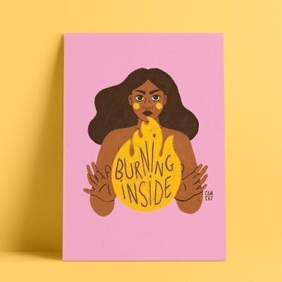Feminist illustrated poster "burning inside" | portrait of angry woman