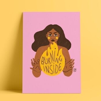 Affiche illustrée féministe "burning inside" | portrait de femme en colère 1