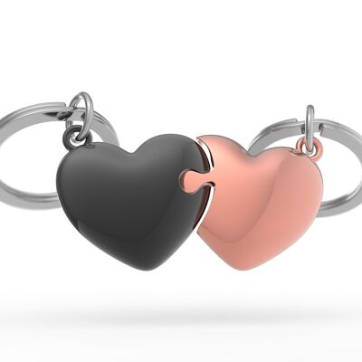 Mother's Day gift idea - Duo of black & rose gold hearts key ring - METALMORPHOSE