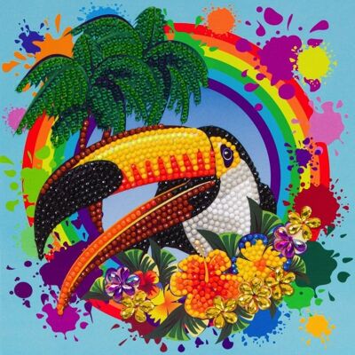Tucano arcobaleno, biglietto d'arte in cristallo 18x18 cm