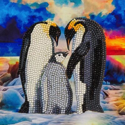 Famiglia di pinguini, biglietto d'arte in cristallo 18x18 cm