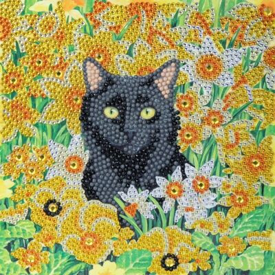 Katze unter den Blumen 18 x 18 cm Kristall-Kunstkarte