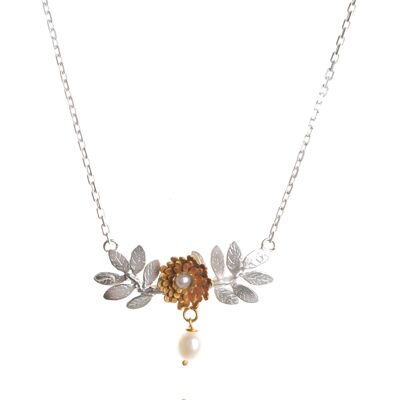 Handmade Sterling Silver Dahlia and Leaf Necklace