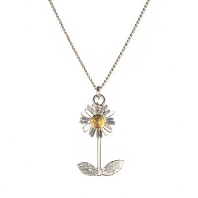 Daisy Necklace with Leaves and Stalk in Silver with Gold Plated Detail
