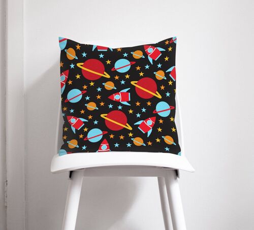 Black Cushion with Space Rockets, Planets and Stars Design, Throw Pillow