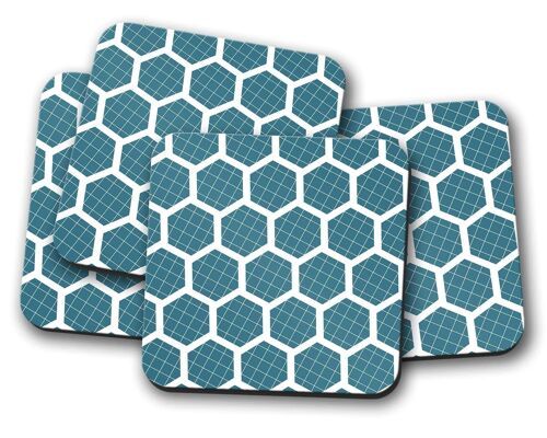 Blue Coasters with a White Hexagon Design, Table Decor Drinks Mat